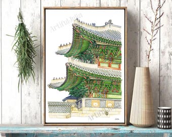 Gyeongbokgung Palace High quality Art of Original Watercolor Painting, Korea Art, Seoul painting, Wall Art Digital download