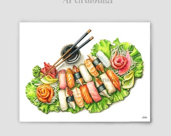 Arte de sushi Pintura de sushi Arte realista Cocina Arte de pared Acuarela Arte Impresión Pintura de alimentos Arte de comida japonesa Impresión de arte de sushi