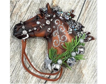 Holiday Horses: “Sleigh Bells”design. Decorated Christmas/ holiday horse ornament in hand crafted designs
