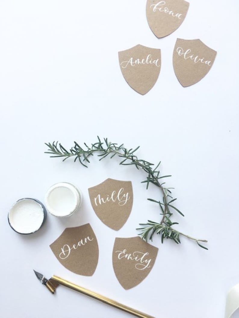 Wedding Stationery Christmas Kraft Shield Place Cards Rustic Wedding Place Cards Hand Lettered Place Cards Name Tags Name Place Cards