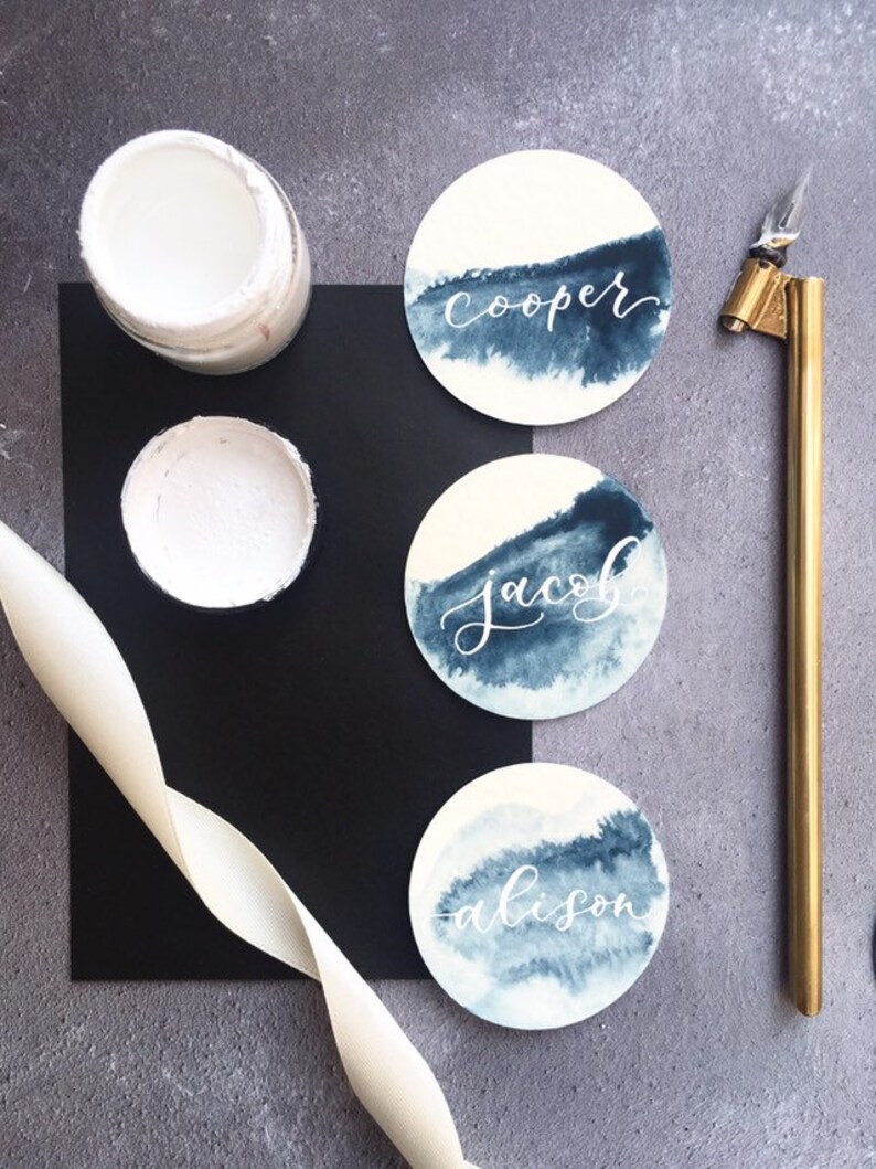 Navy Blue Circular Place Names Place Cards Wedding Modern Etsy