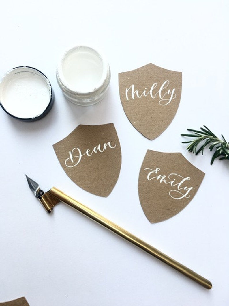 Wedding Stationery Christmas Kraft Shield Place Cards Rustic Wedding Place Cards Hand Lettered Place Cards Name Tags Name Place Cards