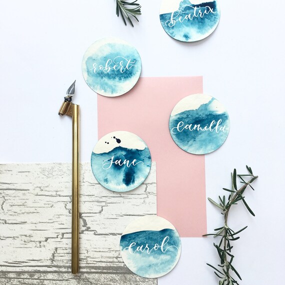 Modern Calligraphy Wedding Name Tags Sky Blue Place Cards Name Place Cards Blue Wedding Tags Wedding Stationery Lettering Place Names