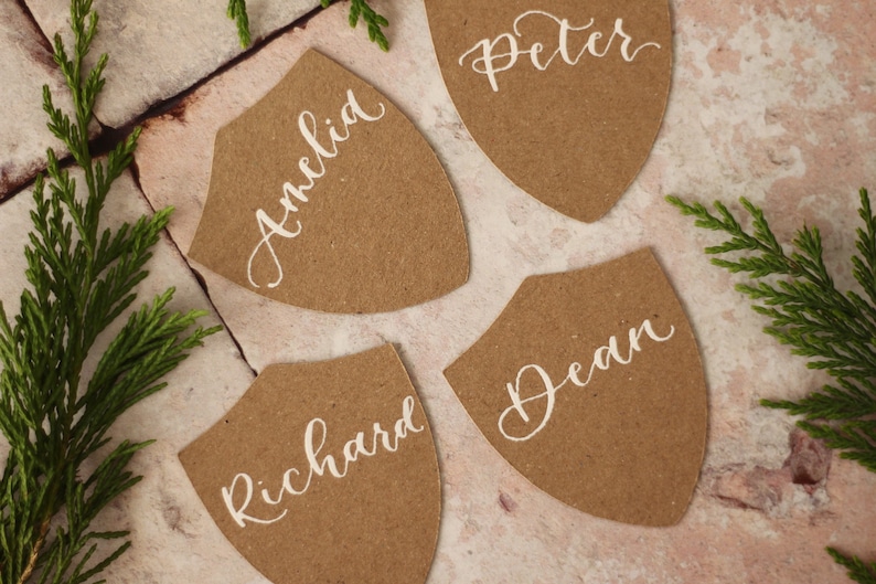 Wedding Stationery Christmas Kraft Shield Place Cards Rustic Wedding Place Cards Hand Lettered Place Cards Name Tags Name Place Cards