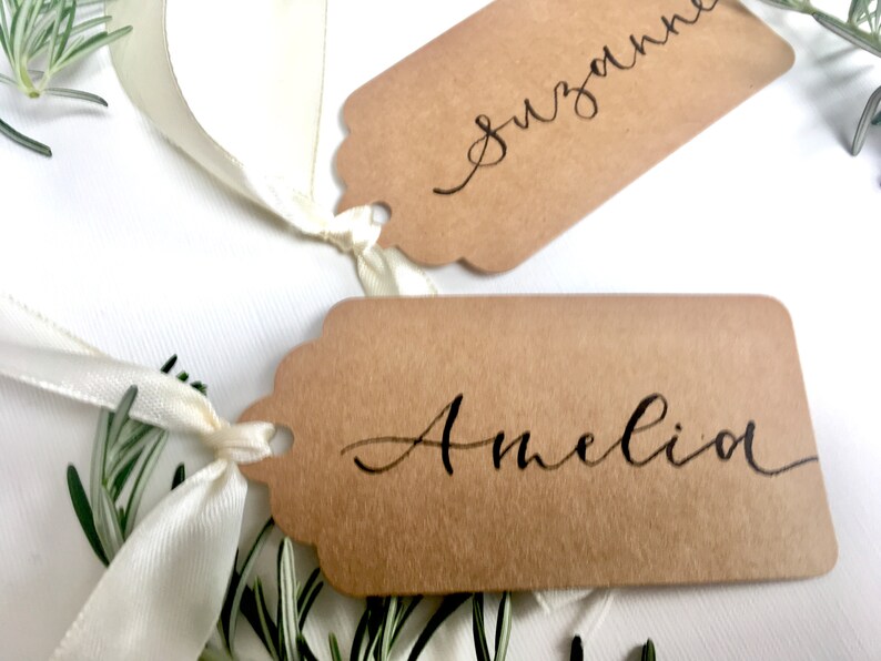 Name Place Cards Kraft Luggage Tags Lettering Wedding Name Cards Modern Calligraphy Rustic Calligraphy Name Cards Wedding Stationery
