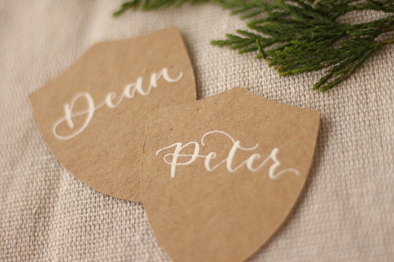 Wedding Stationery Christmas Kraft Shield Place Cards Rustic Wedding Place Cards Hand Lettered Place Cards Name Tags Name Place Cards