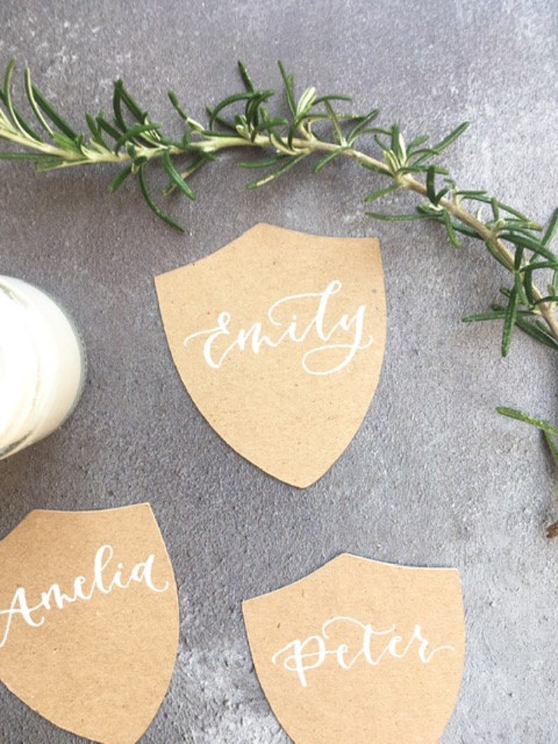 Wedding Stationery Christmas Kraft Shield Place Cards Rustic Wedding Place Cards Hand Lettered Place Cards Name Tags Name Place Cards