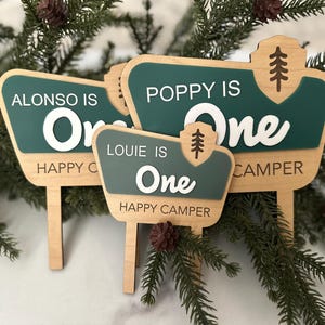 May include: Wooden signposts with green and white text that read "Alonso is One Happy Camper", "Poppy is One Happy Camper", and "Louie is One Happy Camper". Each sign has a tree graphic.