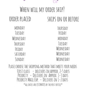 May include: A chart showing estimated shipping times for orders placed on different days of the week. The chart shows that orders placed on Monday will ship on or before Thursday, orders placed on Tuesday will ship on or before Friday, and so on. The chart also includes information about the different shipping methods available, including First Class, Priority, and Priority Mail Express.