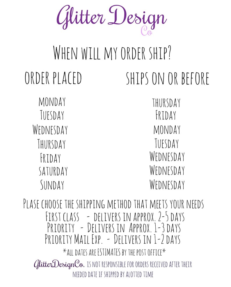May include: A chart showing estimated shipping times for orders placed on different days of the week. The chart shows that orders placed on Monday will ship on or before Thursday, orders placed on Tuesday will ship on or before Friday, and so on. The chart also includes information about the different shipping methods available, including First Class, Priority, and Priority Mail Express.