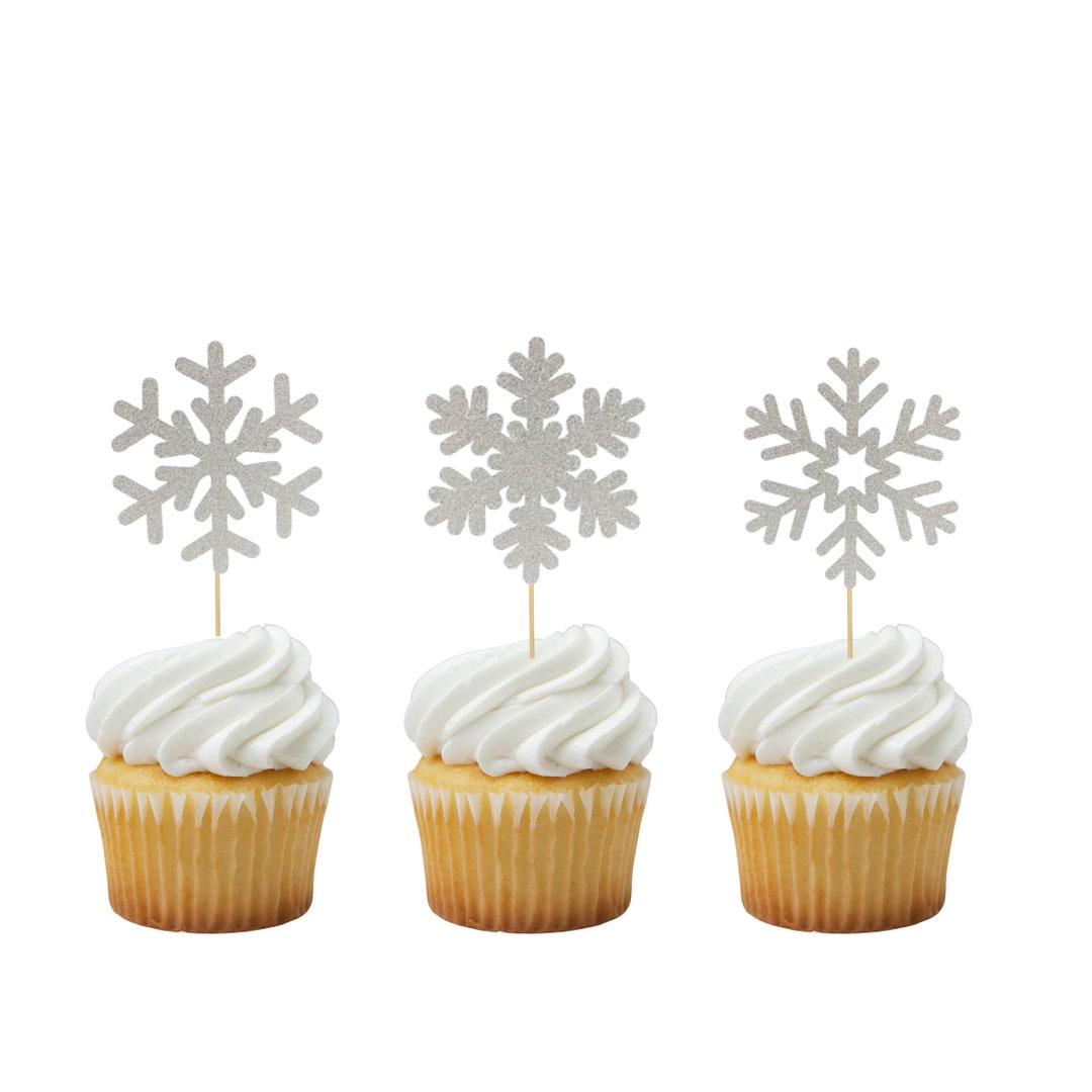 12 Pcs White Glitter Snowflake Cupcake Toppers - Winter Wonderland & Frozen Theme Birthday Cake Decorations, Paper & Toothpick - View #4