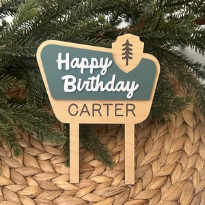 Personalized Happy Camper Birthday Cake Topper, National Park Themed Birthday, Happy Birthday, Custom Cake Topper, Woodland Theme