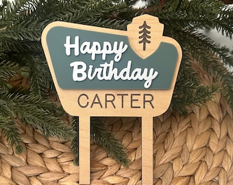 Personalized Happy Camper Birthday Cake Topper, National Park Themed Birthday, Happy Birthday, Custom Cake Topper, Woodland Theme