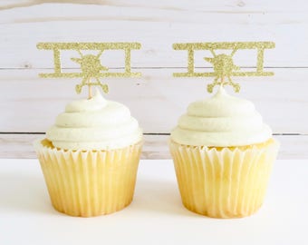 Vintage Airplane Cupcake Toppers - Airplane Cupcake Toppers - Cupcake Toppers - Gold Cupcake Toppers