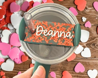 Valentine’s Day Tumbler Topper Name Tag - Water Tumbler Name Plate - Valentines Gift Pink and Red Reusable