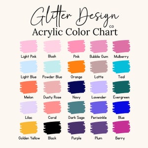 May include: A colour chart displaying 20 different acrylic paint colours. The colours are arranged in four rows of five colours each. The colours are labelled with their names, such as "Light Pink", "Blush", "Pink", "Bubble Gum", "Mulberry", "Light Blue", "Powder Blue", "Orange", "Latte", "Teal", "Melon", "Dusty Rose", "Navy", "Lavender", "Evergreen", "Lilac", "Coral", "Dark Sage", "Periwinkle", "Blue", "Golden Yellow", "Black", "Purple", "Plum", and "Berry".