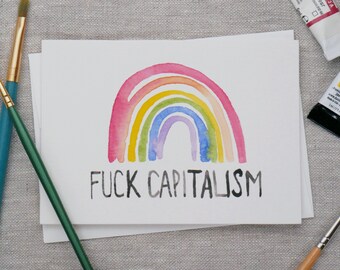 Hand Painted "Fuck Capitalism" Rainbow Watercolor Card, Colorful Art, Profanity Greeting Card, Queer Gifts, Lgbtq Gifts, Pride Card