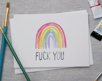 Hand Painted "Fuck You" Rainbow Watercolor Card, Pride Card, Profanity Greeting Card, Queer Gifts, Lgbtq Gifts, Break Up Card