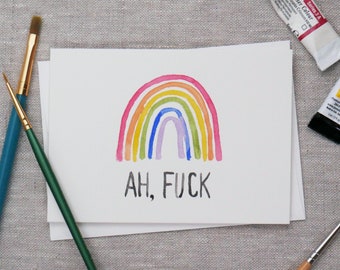 Hand Painted "Ah, Fuck" Rainbow Watercolor Card, Colorful Watercolor Art, Profanity Greeting Card, Queer Gifts, Lgbtq Gifts, Pride Card