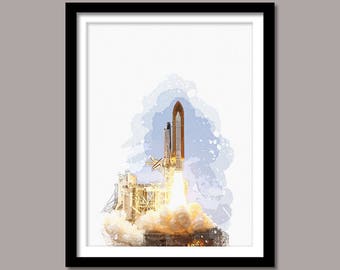 Rocket Launch Print, Rocket Launch Digital Print, Rocket Launch Wall Art, Rocket Printable Art, Rocket Digital Download, Watercolor Painting