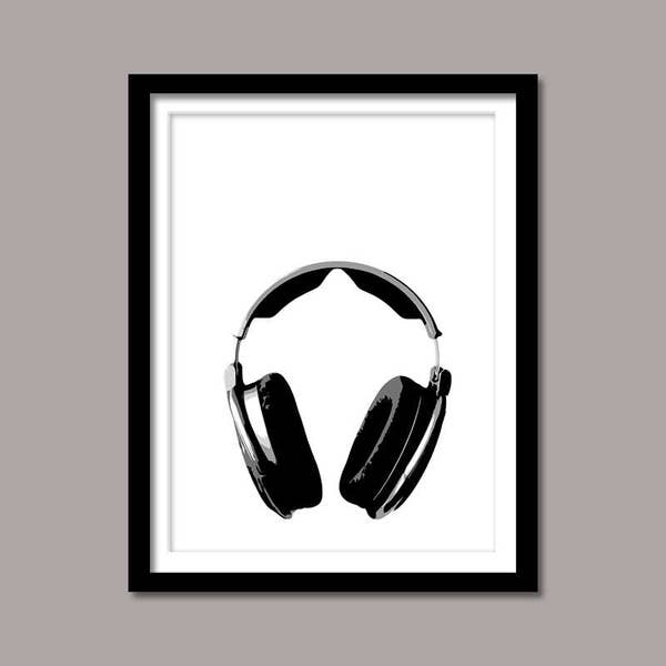 Impresión de auriculares, impresión digital de música, descarga digital, arte de pared, decoración de pared de música, blanco negro, impresiones de arte musical, arte imprimible, mínimo
