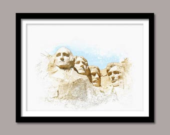 Mount Rushmore Print, Mount Rushmore Digital Print, Mount Rushmore Art, Landmark Printable Art, Mount Rushmore Download, Watercolor Painting