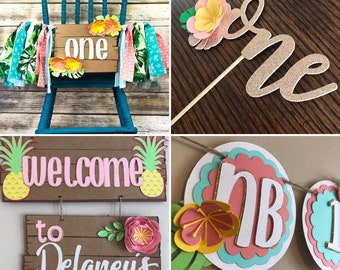 Luau BUNDLE- First Birthday, Coral and Teal, Hawaii Party, Tropical First Birthday, Luau Photo Banner, Luau Garland, High Chair Banner,