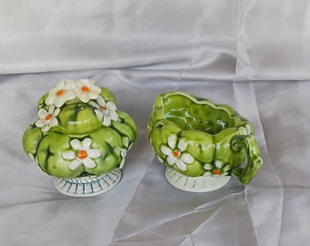 Majolica sugar and creamer set by Inarco green apples and blossoms