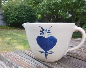 large pottery mixing bowl with handle and spout blue heart 8 cup