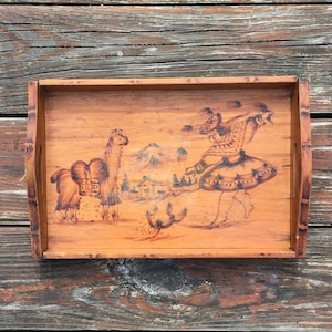 vintage wooden pyrography tray Peruvian folk art llama