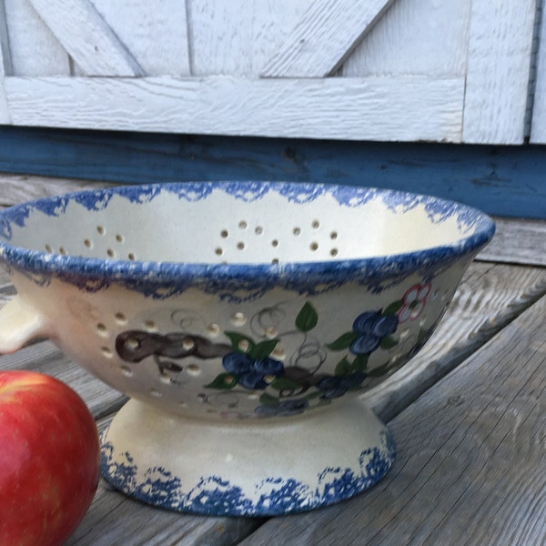 Earthenware colander handpainted and perfect with blue flowers