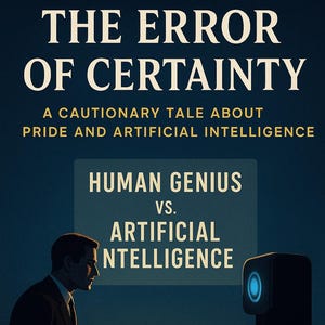 May include: Book cover with the title "THE ERROR OF CERTAINTY" in large white letters. The subtitle reads "A CAUTIONARY TALE ABOUT PRIDE AND ARTIFICIAL INTELLIGENCE." The image features a man and a robot, with the text "HUMAN GENIUS vs. ARTIFICIAL INTELLIGENCE."