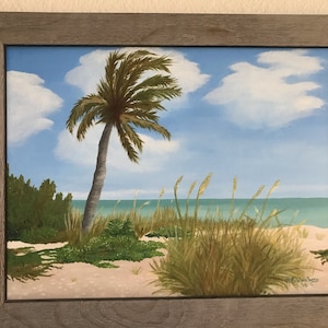 Framed Beach Oil Painting: Palm Tree, Ocean Scene, Florida Art