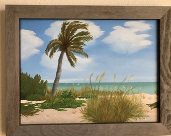 Beach Painting, Original Oil Painting, Palm Tree, Ocean and sand, FRAMED BEACH PAINTING