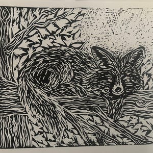 Fox Print, Lino Print, Original Art, Wall art, Fox Art, Limited Edition, Hand Made, Nature Art, Sleeping fox, Little Fox, Woodland Creature