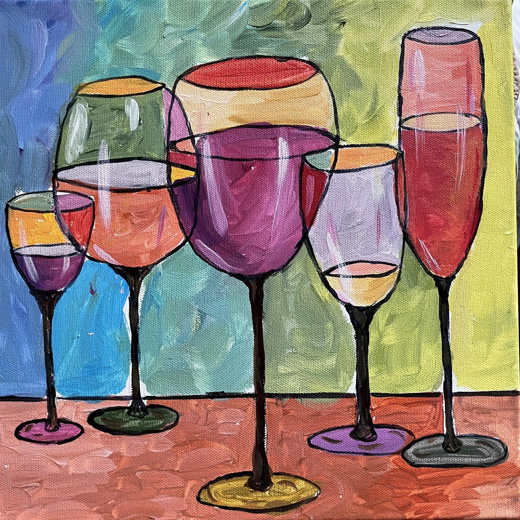 Original Wine Glass Painting: Colorful Kitchen Bar Art, Framed