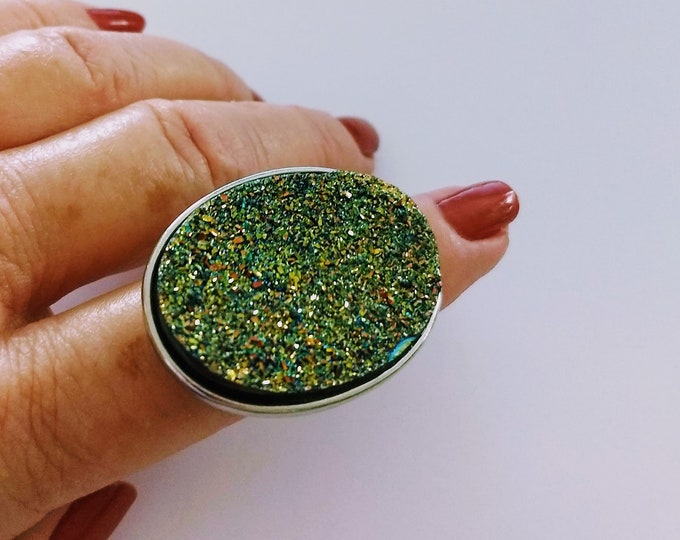 Huge Iridescent Drusy Ring,Big Modern Oval Natural Druzy Ring,Glittery Sparkling Funky Ring,Silver Plated Adjustable Large Druzy Ring,No.741