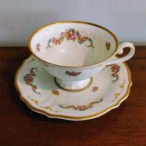 ROSENTHAL PARZIVAL  Porcelain Teacup and Saucer Set/Very Rare Germany 1966 Fine Collectible Rose Garland Gold Trim Footed Tea Cup Set/No188