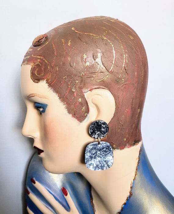 Huge Geometric Silver Grey Dangle Stud Earrings/U… - image 2