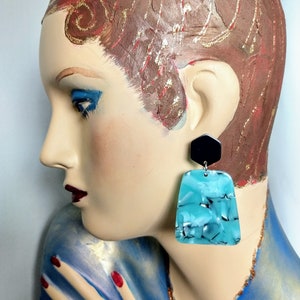HUGE ABALONE Dangle Earrings/Geometric Modern Style Black Acrylic and Blue and Silver mother of Pearls Unique Earrings/Gift For Her/No.847