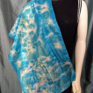 PURE SILK MULBERRY Scarf/ Blue Sky and Gold Silk Scarf/Vintage Long Scarf with Gold Pattern/Spring Long Silk Scarf/Blue Silk Scarf/No379