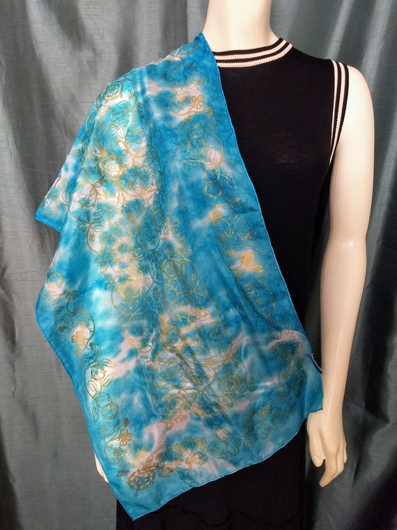 PURE SILK MULBERRY Scarf/ Blue Sky and Gold Silk S