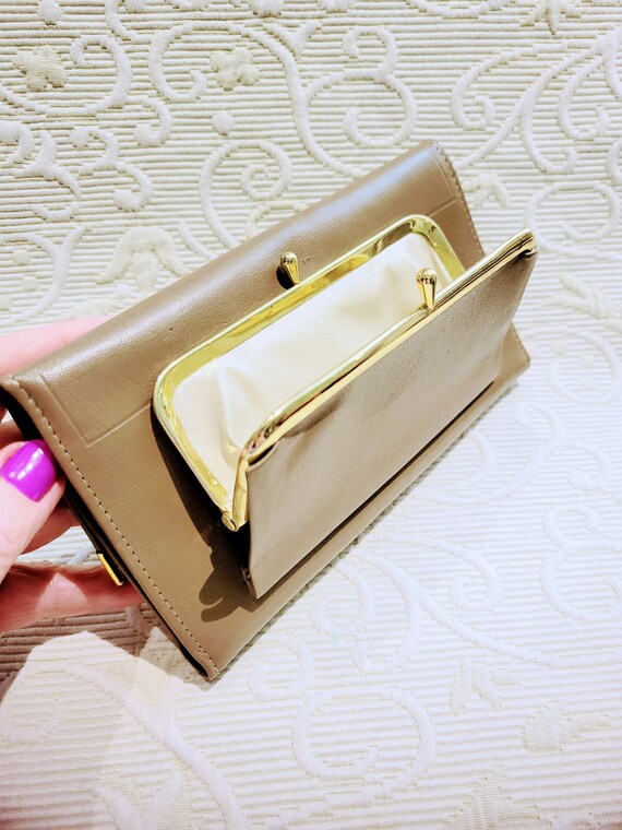 Vintage Classic Full Grain Cowhide Leather Wallet PRINCES GARDNER/Taupe  Check Book Coin Kiss Lock Purse Handy Wallet/Gift For