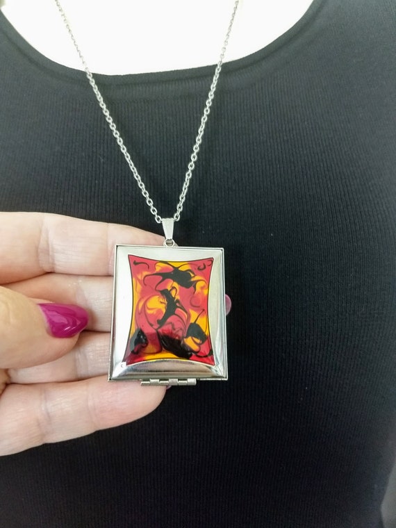 Modern Locket Pendant Necklace square Double Picture Multicolor Abstract Front Decor Oversize 90 s Style Pendant gift for Her gift Idea n435 Etsy