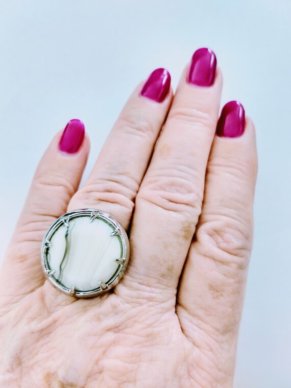 White Marble Designer Statement Ring/Big Round Di… - image 4
