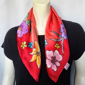 PURE SILK Square Scarf/Hand Rolled Super Soft Red and Big Colorful Flowers Pattern Scarf/Elegant Decorative Medium Size Scarf/Gift Idea/N793