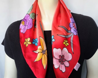 PURE SILK Square Scarf/Hand Rolled Super Soft Red and Big Colorful Flowers Pattern Scarf/Elegant Decorative Medium Size Scarf/Gift Idea/N793