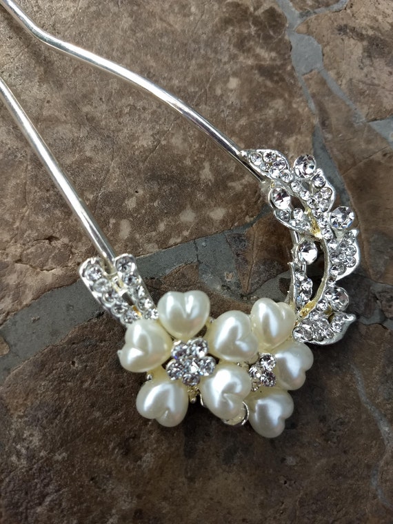 Silver Pearl and Rhinestone Hair Pin,Bridal Prom … - image 4