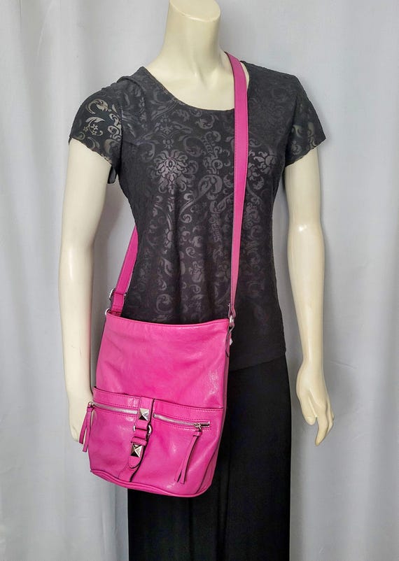 Cosmopolitan Fuschia Faux Leather Crossbody Bag bright Pink Silver Decorated Hardware Functional Travel Office Comfortable Bag gift Idea 155 Etsy Ireland