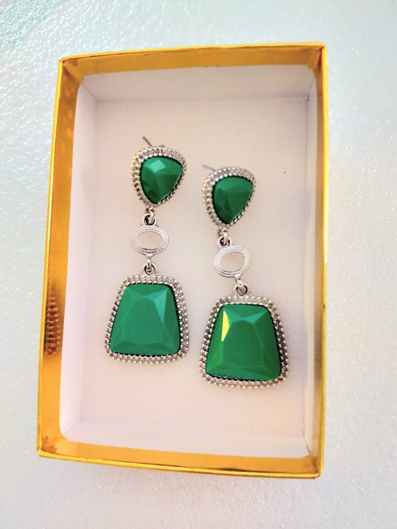 Emerald Green Stud Earrings/Double Drop Long Silver T… Gem